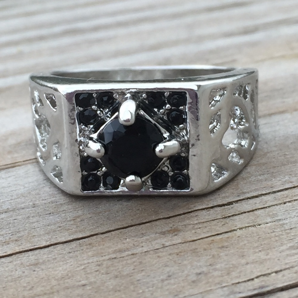 Black CZ Unisex wide halo ring white gold filled size 9 unisex